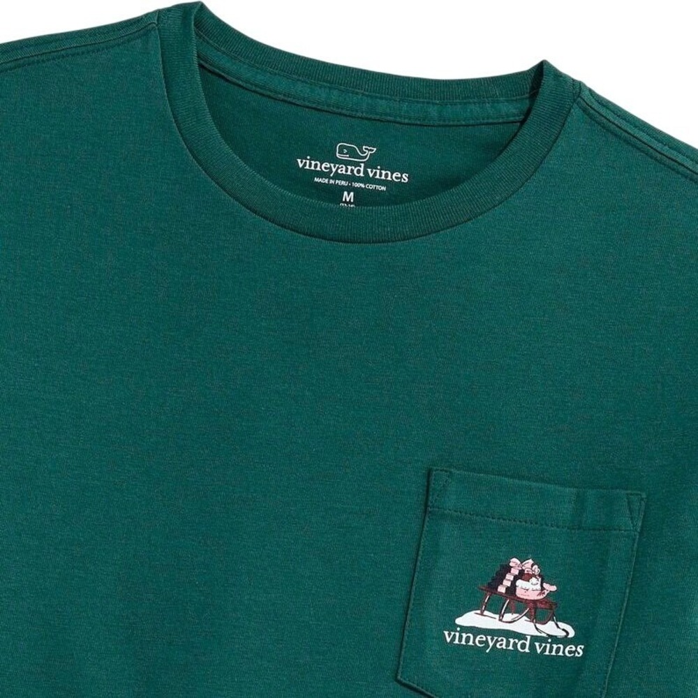 Vineyard Vines Boys Santa Sleigh Pup Long Sleeve Pocket Tee Charleston Green L